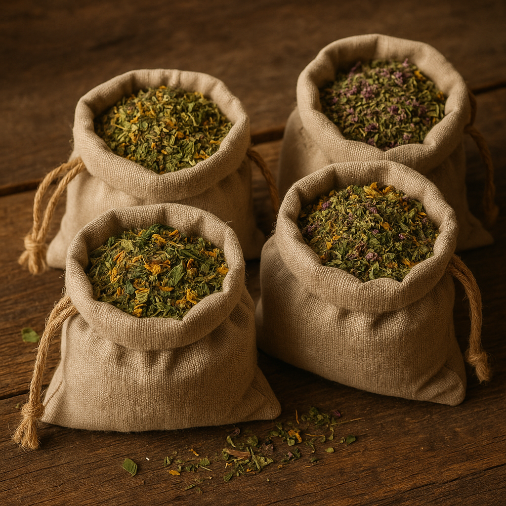 Mieszanki ziół w płóciennych woreczkach