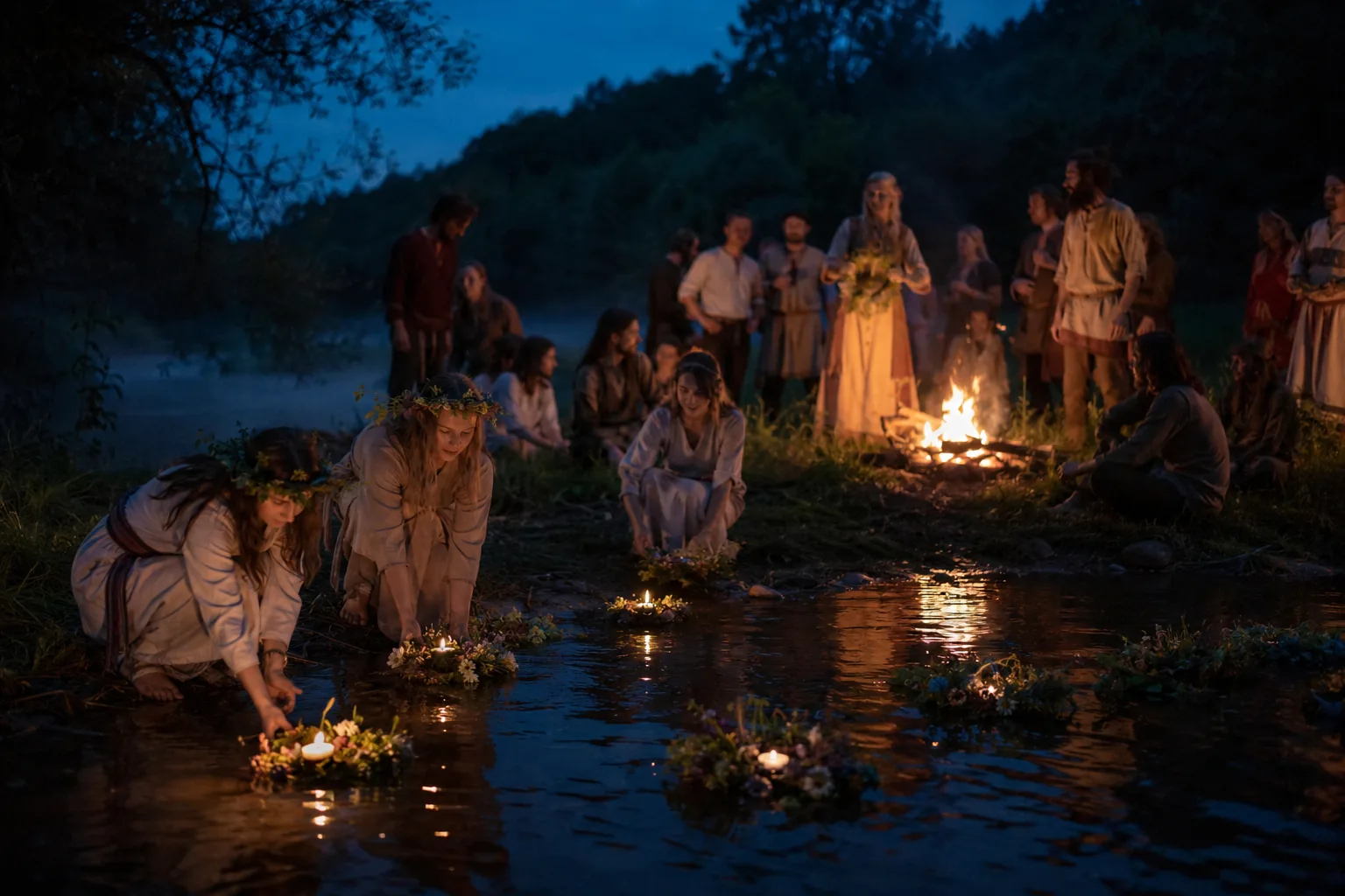 Dziewczęta puszczają na rzekę świecące wianki, na brzegu płonie ognisko