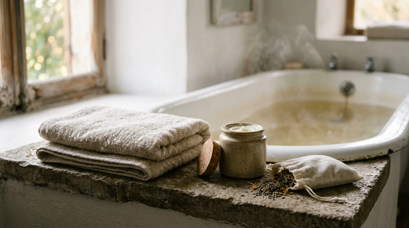 Na kamiennej krawędzi wanny leży złożony bawełniany ręcznik, obok otwarty ceramiczny słoiczek z balsamem i lniany woreczek z suszonymi ziołami; w tle ciepła woda i para