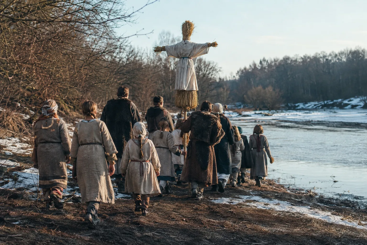 Korowód ludzi w lnianych strojach niesie słomianą kukłę nad zaśnieżony brzeg rzeki