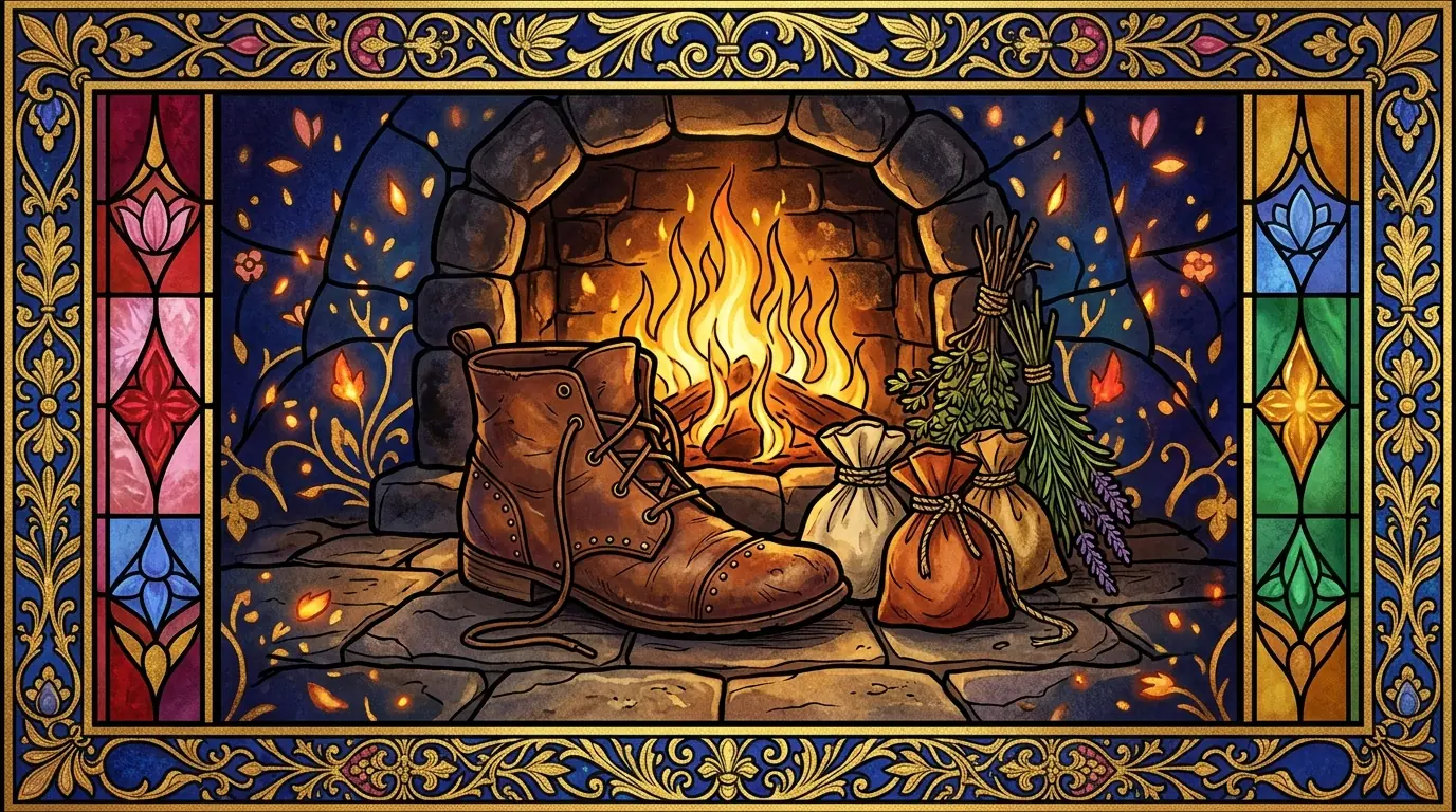 Ilustracja w stylu iluminowanego manuskryptu: skórzany trzewik postawiony przy piecu, obok trzy płócienne sakiewki i suszone zioła
