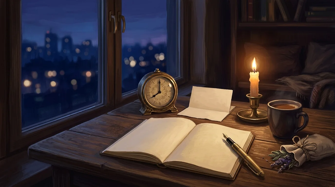 Otwarty pusty notes i pióro na biurku przy oknie, obok mosiężny zegar, świeca i woreczek z ziołami