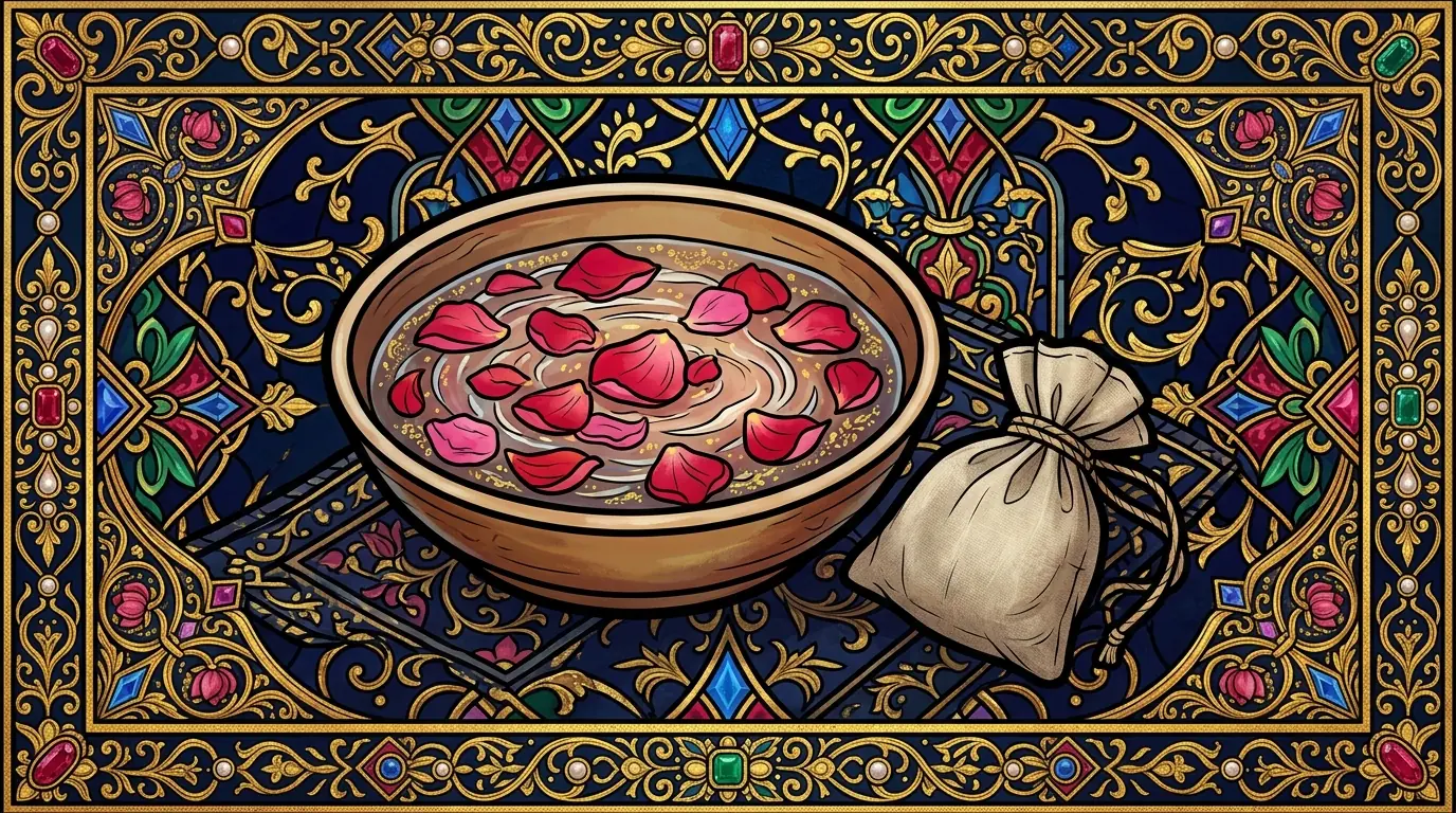 Ilustracja w stylu iluminowanego manuskryptu: płatki róż na wodzie w misie, obok lniany woreczek z ziołami