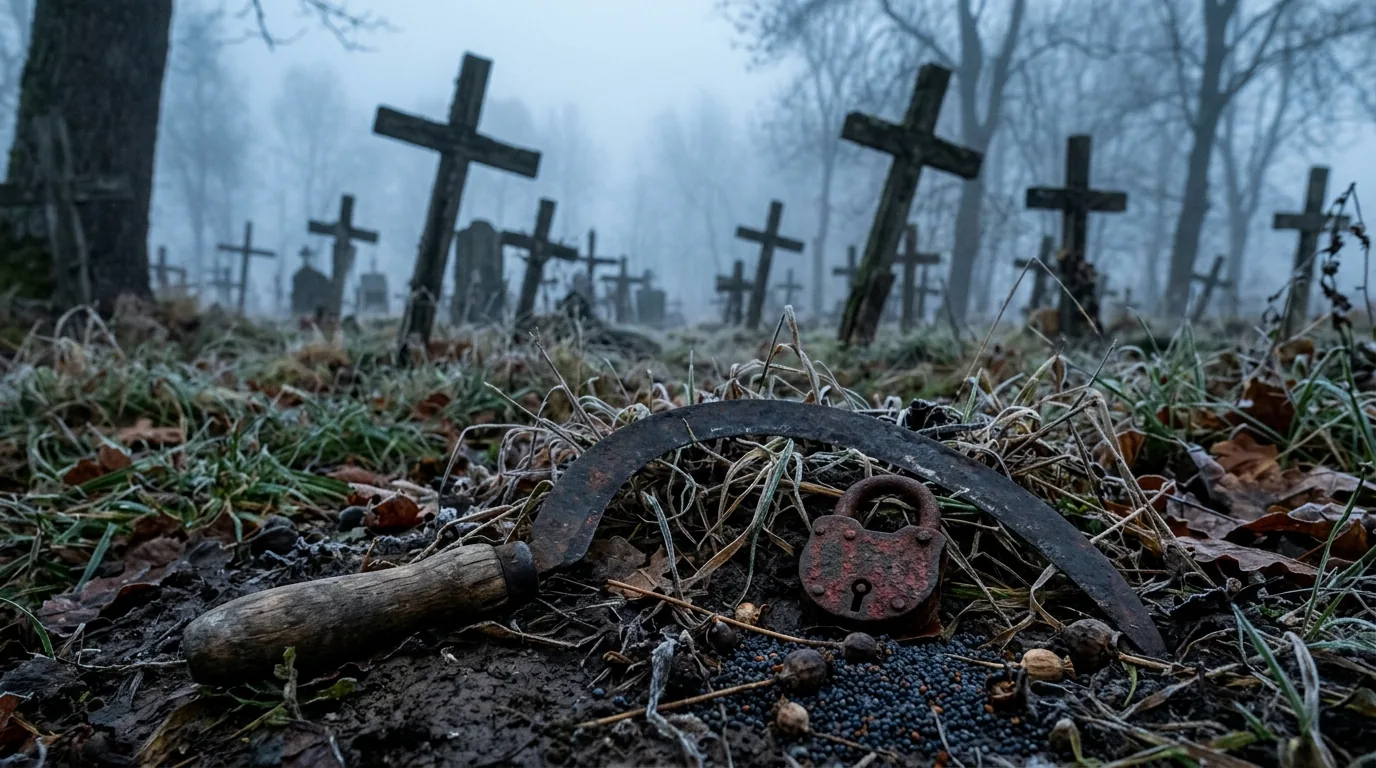 Stary żelazny sierp i zardzewiała kłódka leżące na ziemi wśród rozsypanych ziaren maku, w tle pochylone drewniane krzyże we mgle