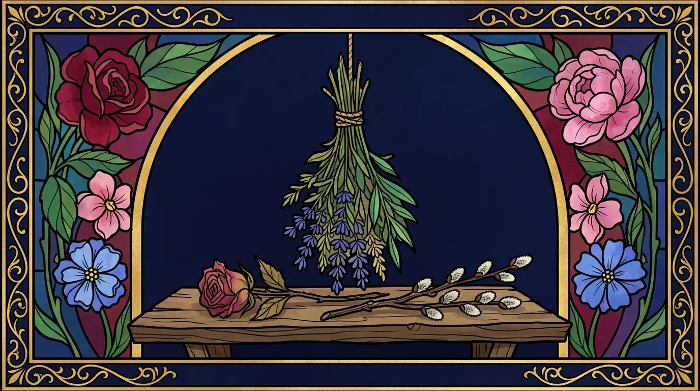 Ilustracja w stylu iluminowanego manuskryptu: pęk ziół suszony główkami w dół, obok zasuszona róża i gałązka wierzbowej bazi